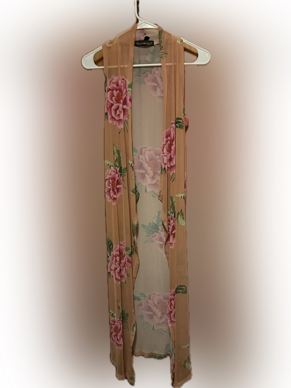 derek ❤️ heart beige and pink floral mesh sleeveless long duster cardigan